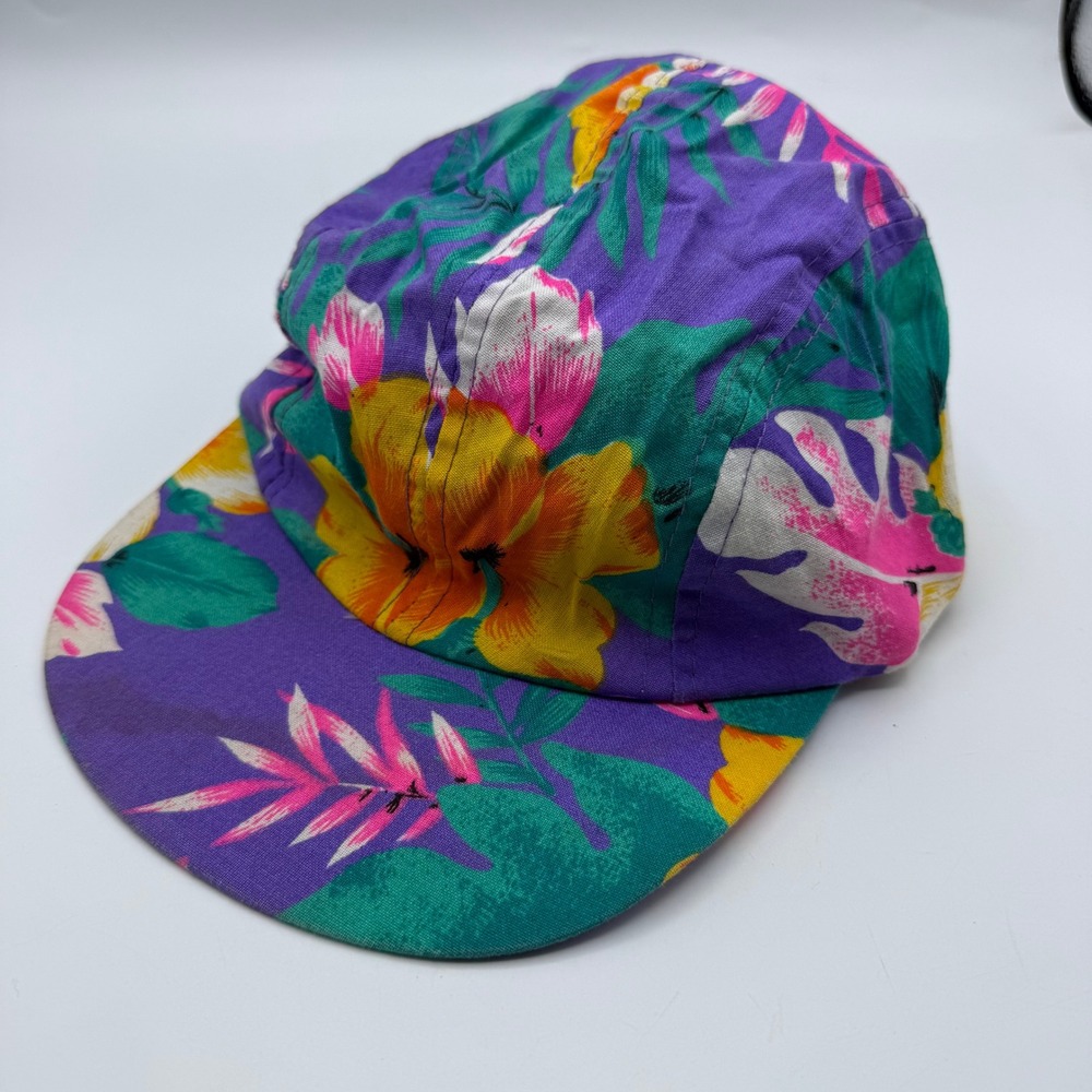 Vintage Wendys Floral 5 Panel Hat Purple Tropical Snapback Cap 90s Retro OSFA